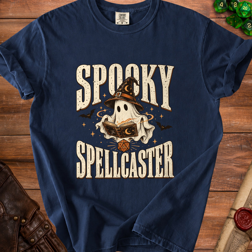 Navy t-shirt with "SPOOKY SPELLCASTER" text and a ghost wizard.