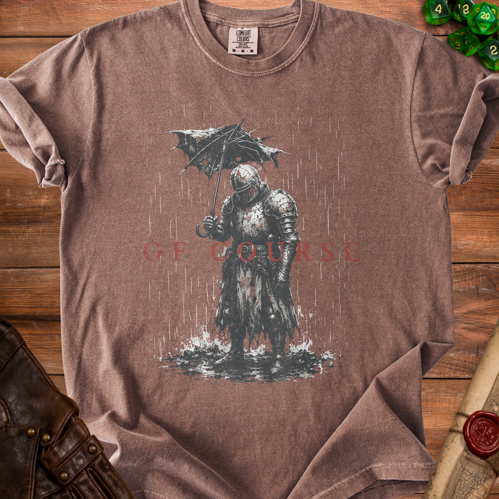 Brown t-shirt with knight holding tattered umbrella in rain, "GF COURSE" text.