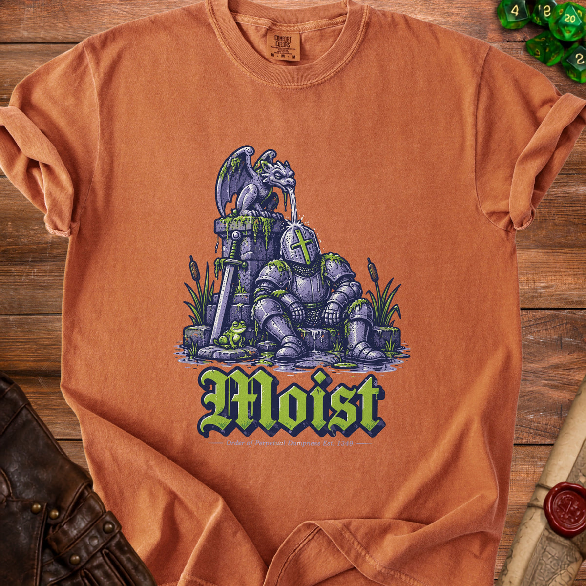 Knight in armor sits under a gargoyle fountain, with "Moist" text below.