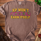 Brown t-shirt with yellow text "XP WON'T EARN ITSELF" and goblins.