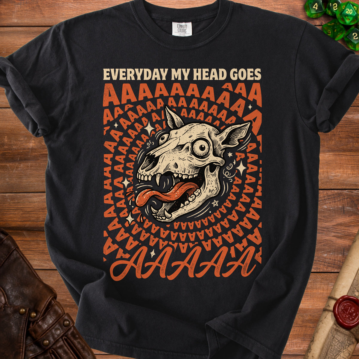 Black t-shirt with distressed screaming dog skull graphic and text "EVERYDAY MY HEAD GOES AAAAAAAAAA".
