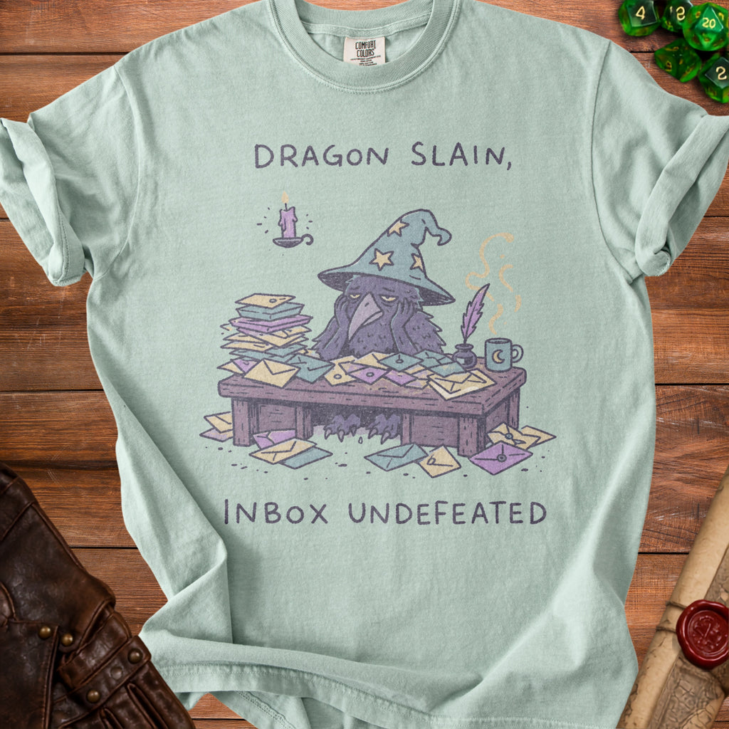 T-shirt with a raven wearing a wizard hat, surrounded by mail, text reads "Dragon Slain, Inbox Undefeated."