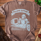 Brown t-shirt with "Paladin Support" graphic of knight at computer.