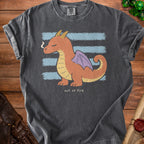 Dark grey t-shirt with a cartoon dragon and the text "out of fire".