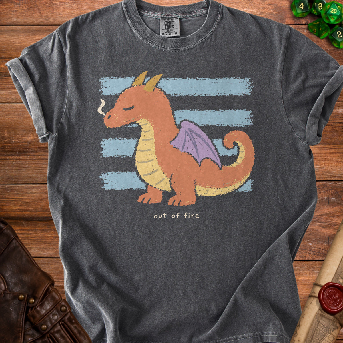 Dark grey t-shirt with a cartoon dragon and the text "out of fire".