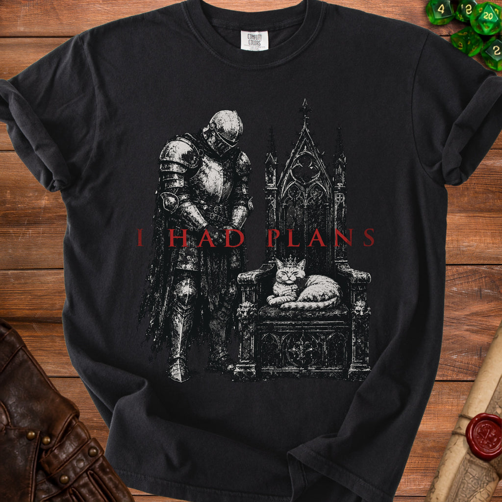 Knight standing next to a throne with a crowned cat, "I HAD PLANS" text.