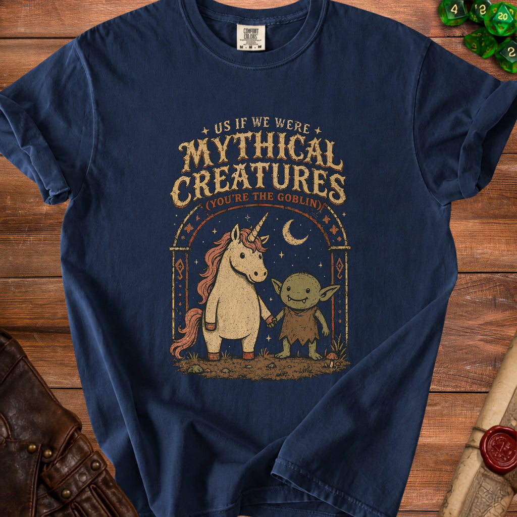 Unicorn and goblin holding hands with "Mythical Creatures (You're the Goblin)" text.