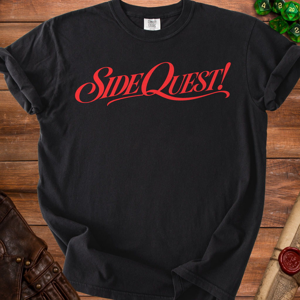 Black t-shirt with red "Side Quest!" text and Comfort Colors label.