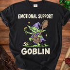 Black t-shirt with text "Emotional Support Goblin" and a cartoon goblin.