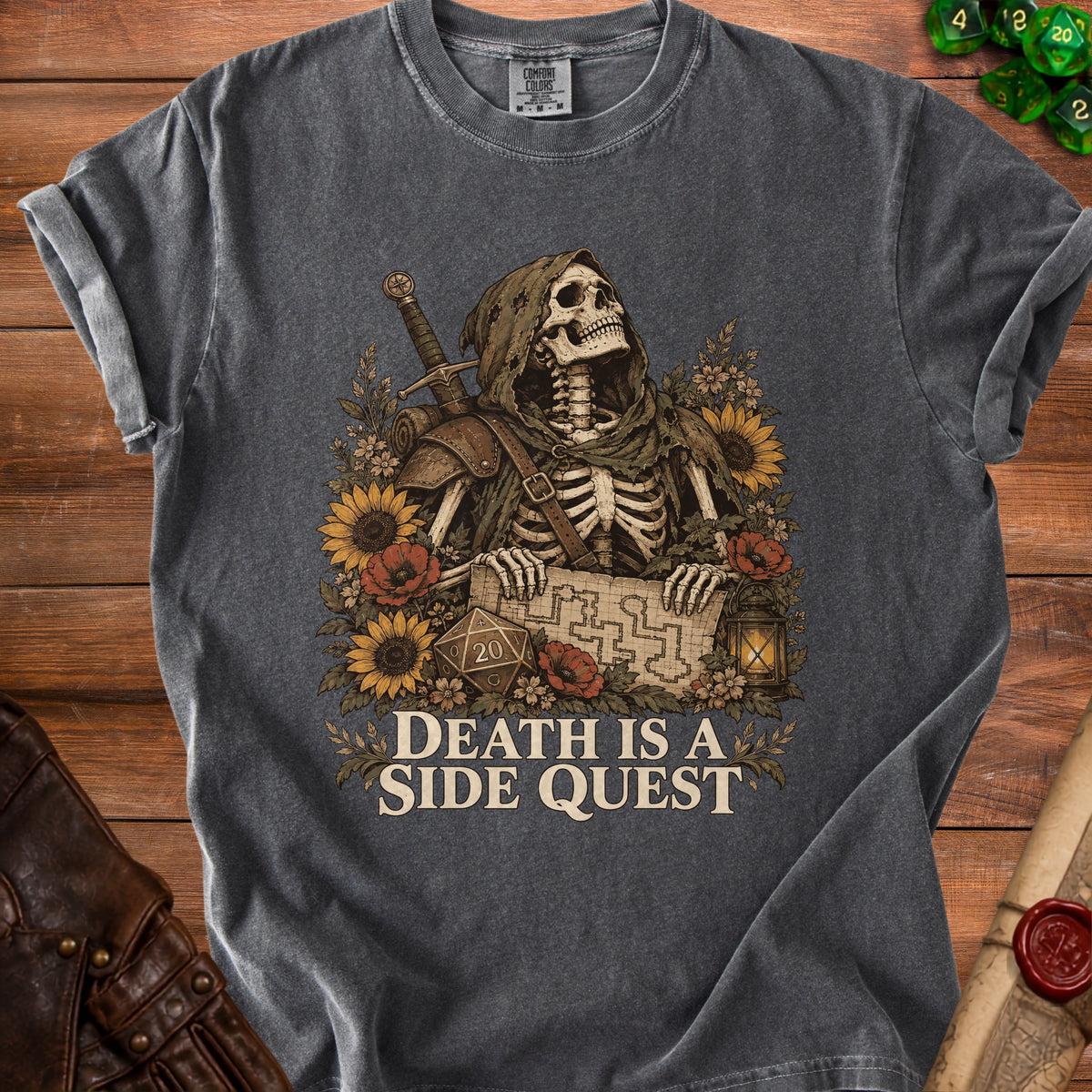 Dark grey t-shirt with grim reaper, map, flowers, and "Death is a Side Quest" text.