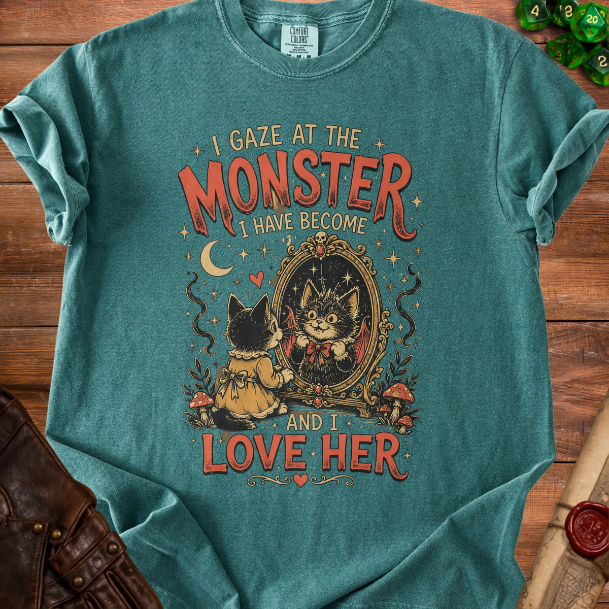 A cat gazes into a mirror at its monster reflection, text reads "I gaze at the monster I have become and I love her."