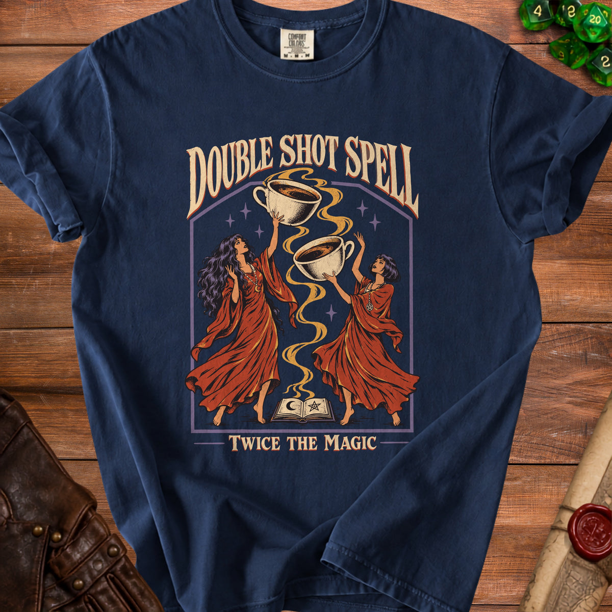 Dark blue t-shirt with "Double Shot Spell Twice The Magic" and mystical art.
