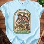 Light blue t-shirt with graphic of hobbit inside treasure chest with text "AN OPPORTUNITY!".