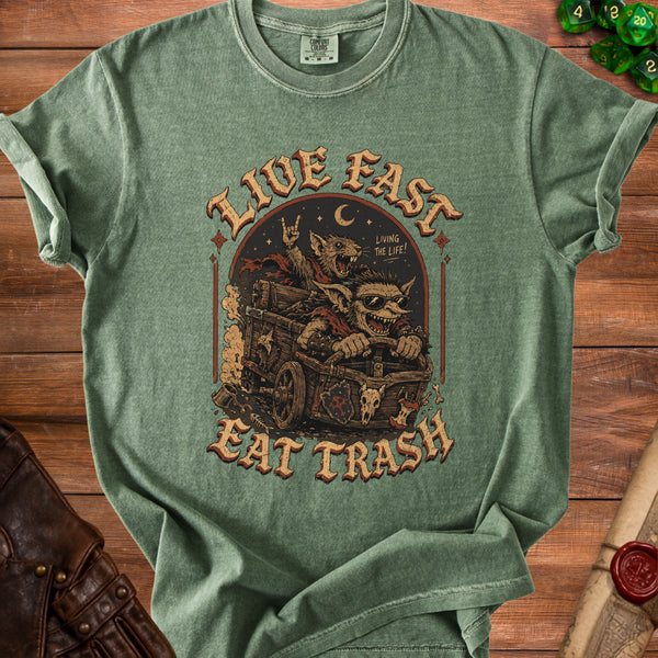 Live Fast Eat Trash T-shirt in Moss