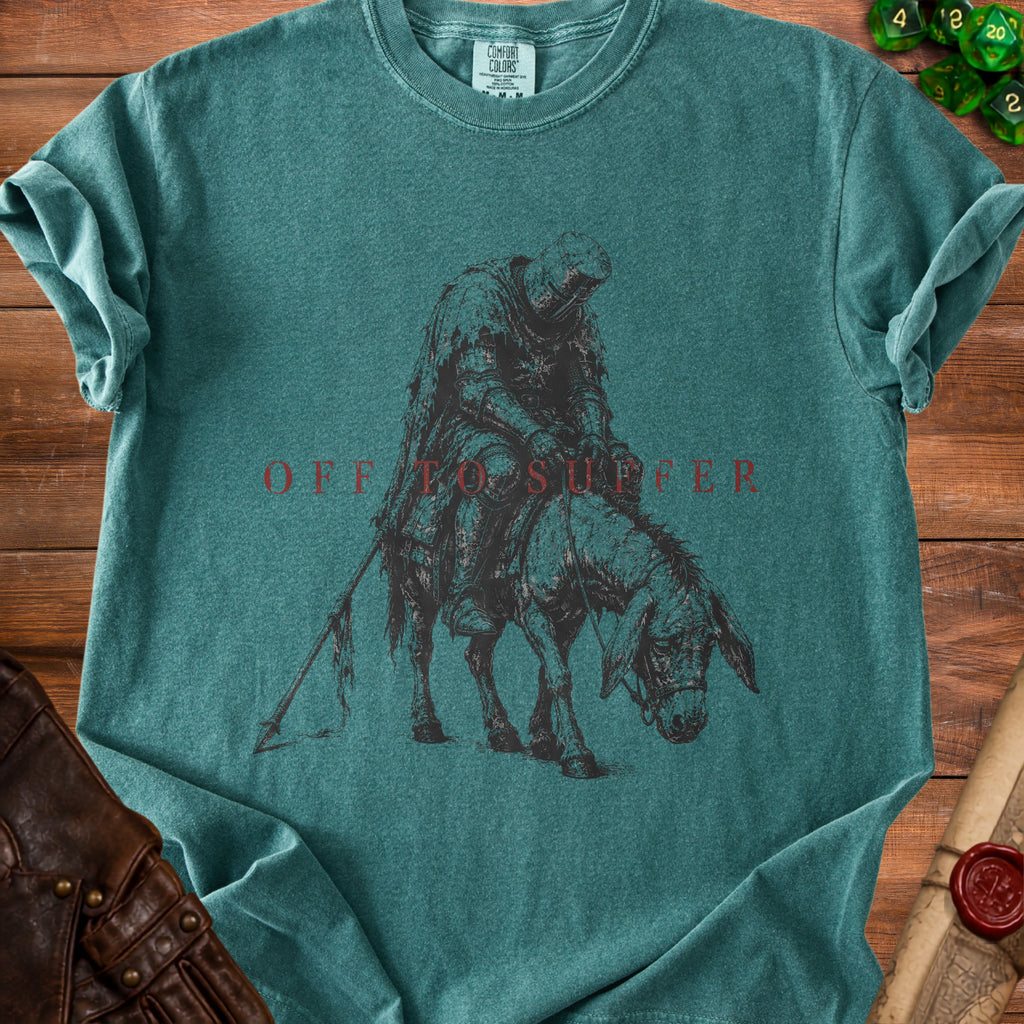Dark green t-shirt with knight on donkey graphic and "OFF TO SURFER" text.