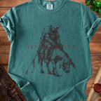 Dark green t-shirt with knight on donkey graphic and "OFF TO SURFER" text.