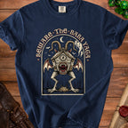 Navy t-shirt with "Beware The Baba Yaga" text and a spooky hut monster illustration.