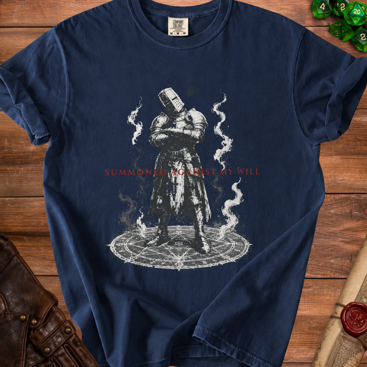 Dark blue t-shirt with knight graphic and text "SUMMONED AGAINST MY WILL"