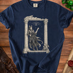Navy t-shirt with illustration of a horned woman, eye, and text "MY PATRON EXPECTS TOO MUCH".