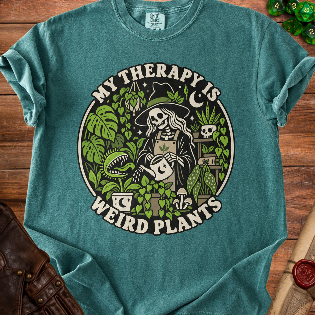 Skeleton gardener in witch hat watering plants with text "My Therapy Is Weird Plants."
