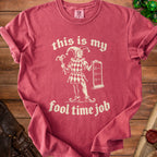 Red t-shirt with "this is my fool time job" text and a jester graphic.