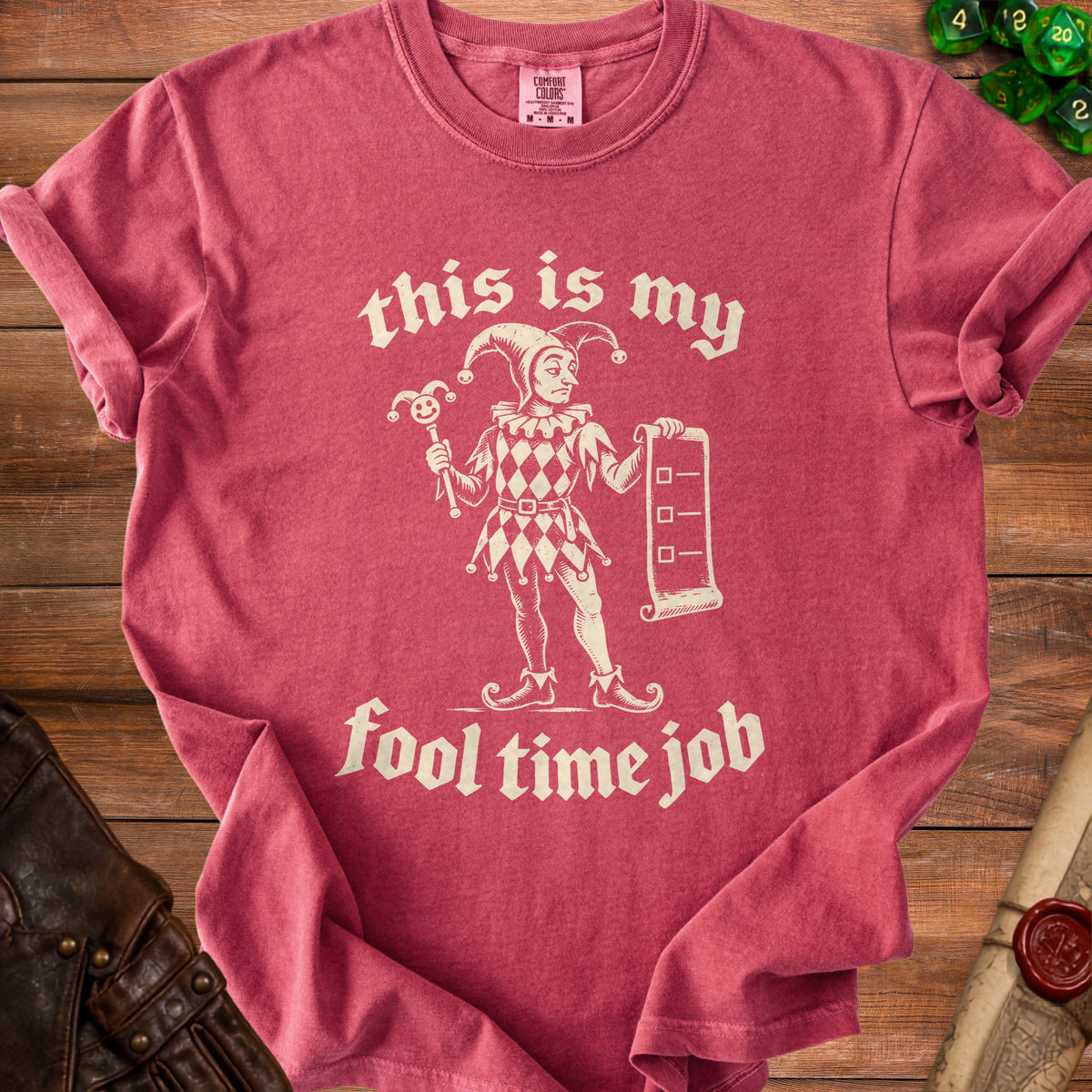 Red t-shirt with "this is my fool time job" text and a jester graphic.