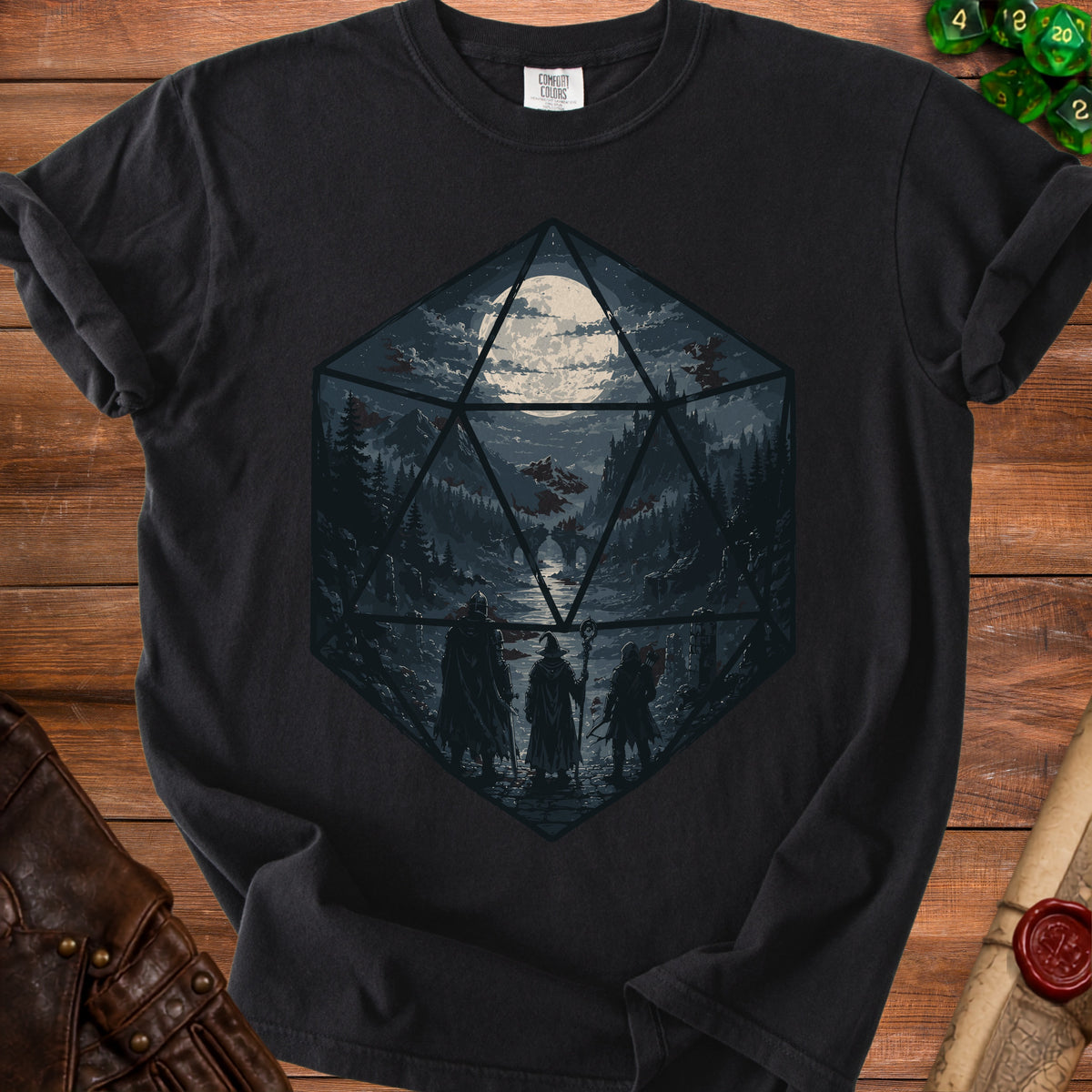 Black t-shirt with a D20 die featuring a moonlit fantasy landscape and three silhouetted adventurers.