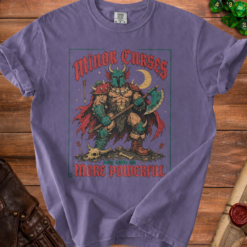 Purple t-shirt with "Minor Curses" and barbarian design.