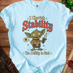 Light blue t-shirt with a goblin holding a knife and the text "I Cherish Stability The Ability to Stab".