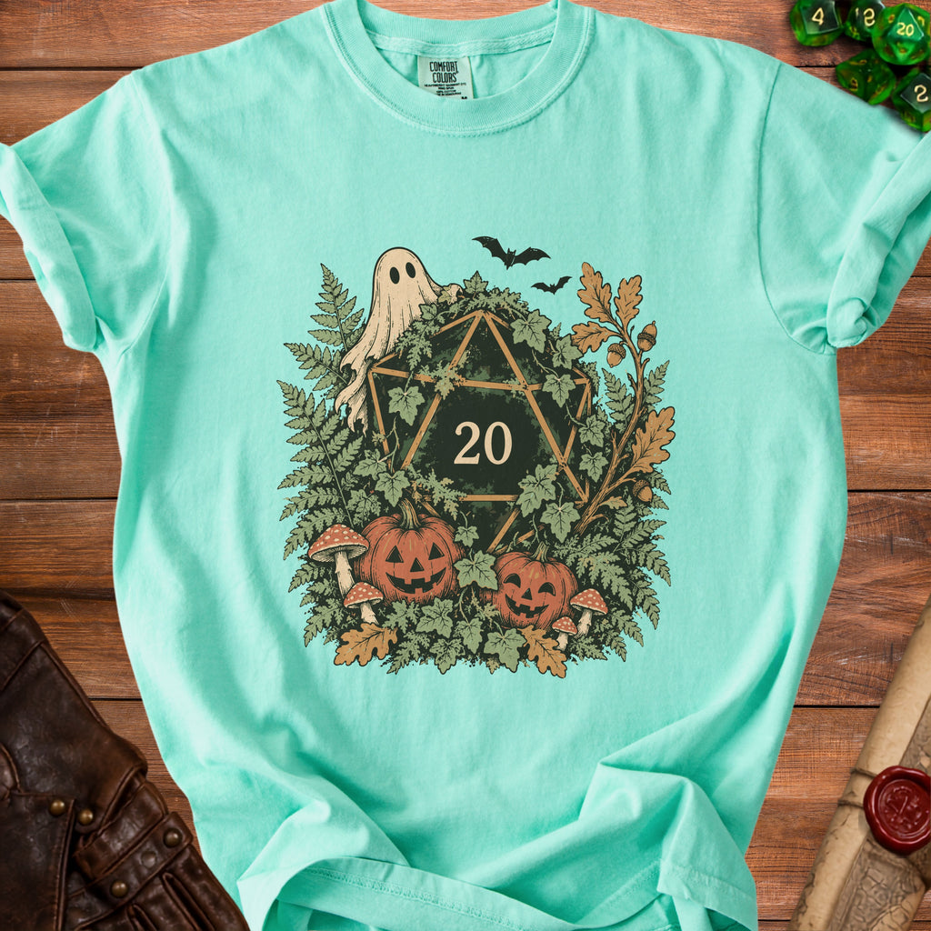 Teal t-shirt with D20, ghost, bats, pumpkins, mushrooms, and foliage design.