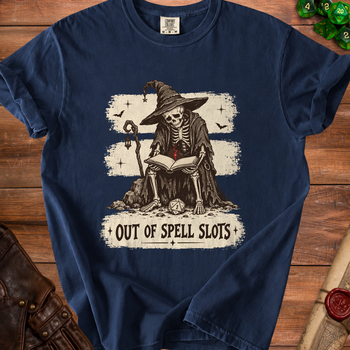 Skeleton wizard reading a book with text "OUT OF SPELL SLOTS"