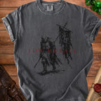 Charcoal t-shirt with distressed knight graphic and "LOW MORALE" text.
