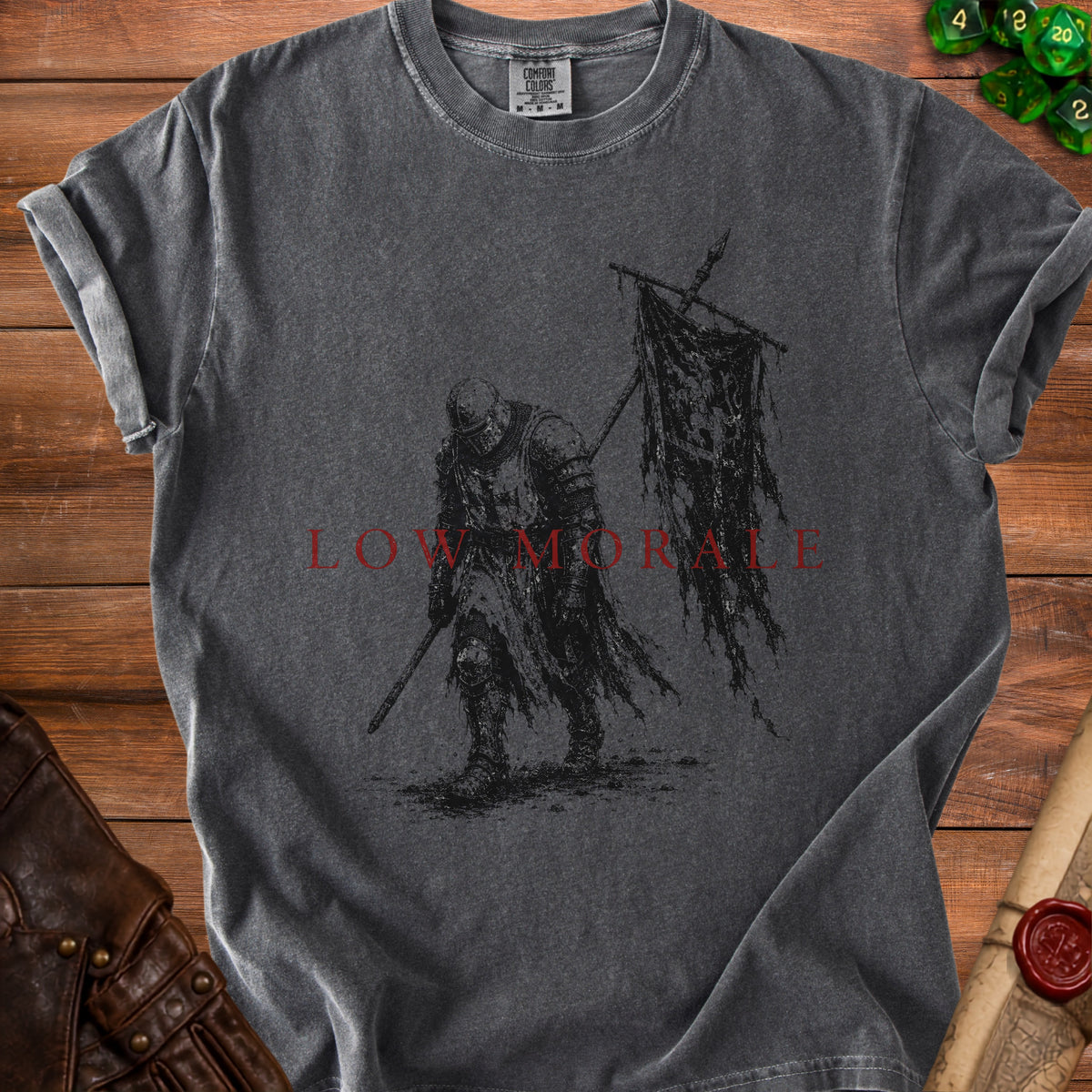 Charcoal t-shirt with distressed knight graphic and "LOW MORALE" text.