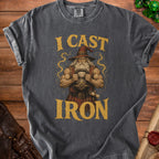 Dark grey t-shirt with graphic of muscular wizard holding kettlebell, text says "I CAST IRON".
