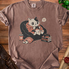T-shirt with a cat playing video games, a drink, and snacks.