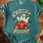 Ghost holding a D20 dice with text "CRITICAL FRIGHT" and pumpkins.