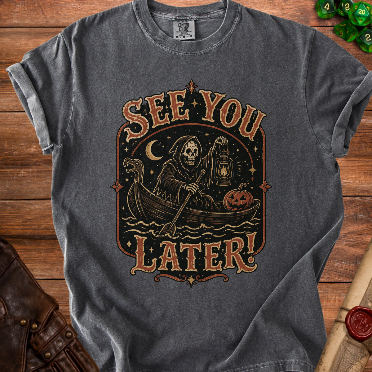 Grim reaper in a boat with lantern and pumpkin, "See You Later!" text.