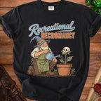 Wizard watering a skull plant with "Recreational Necromancy" text.