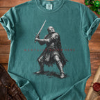 Green t-shirt with knight and "Mentally Elsewhere" text.