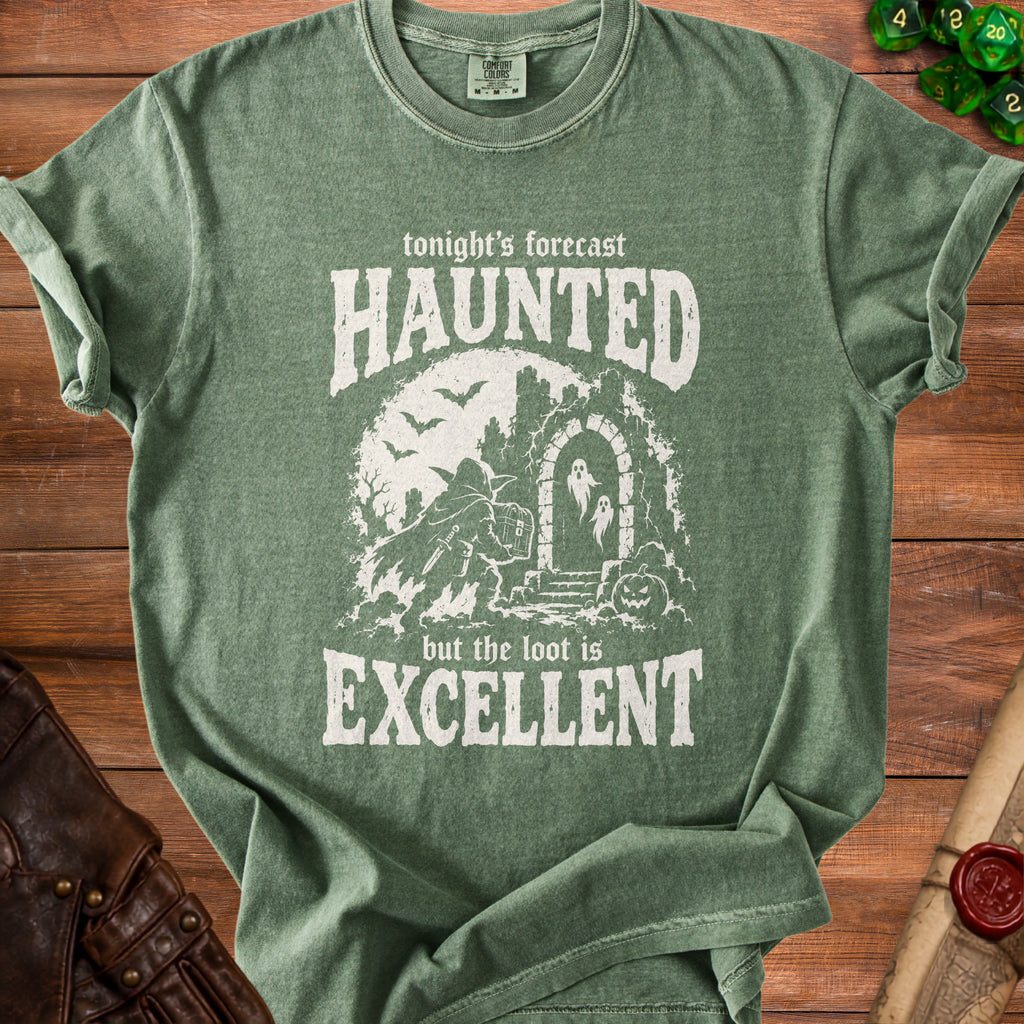 Green t-shirt with "Tonight's forecast HAUNTED but the loot is EXCELLENT" graphic.