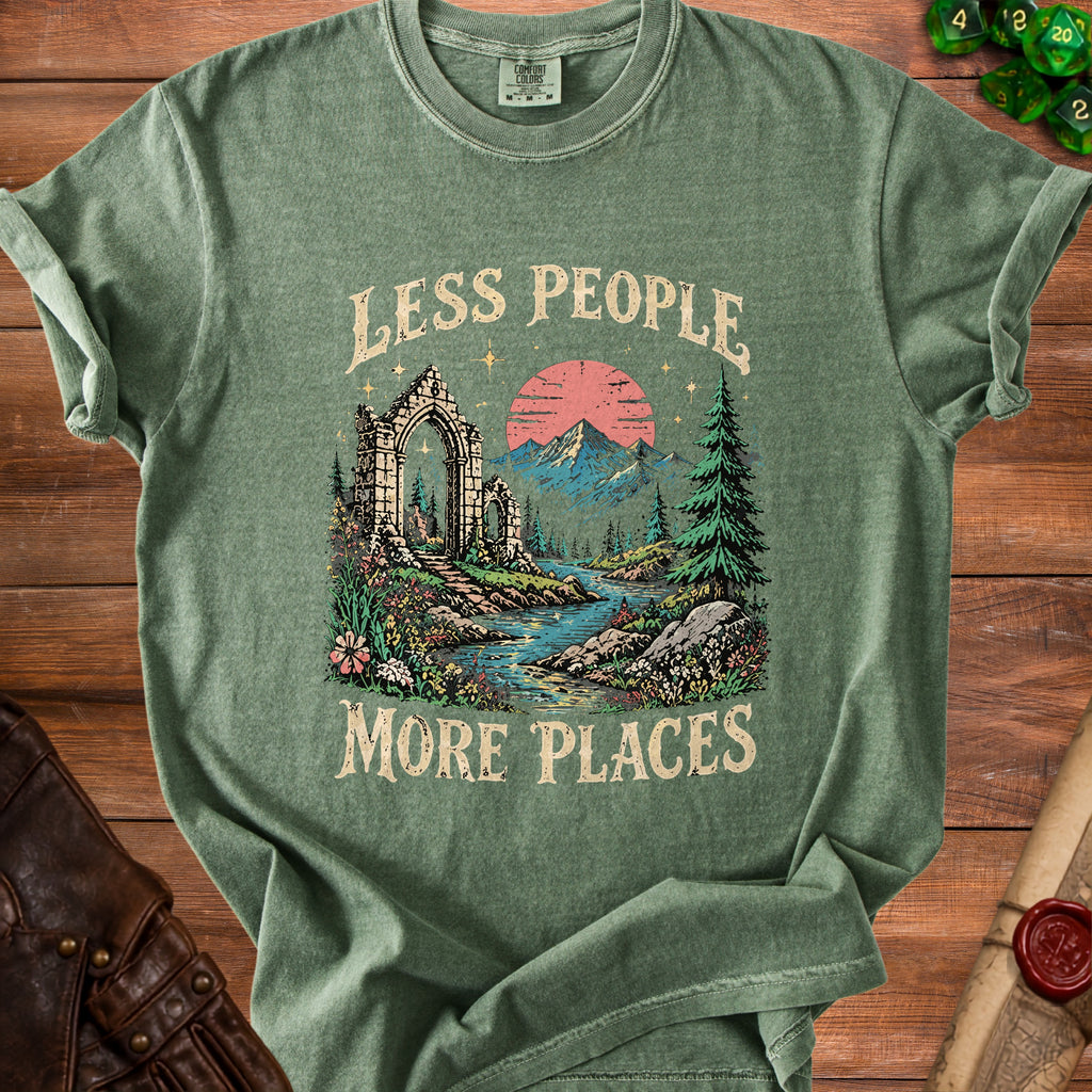 Green t-shirt with "Less People More Places" and a landscape graphic.