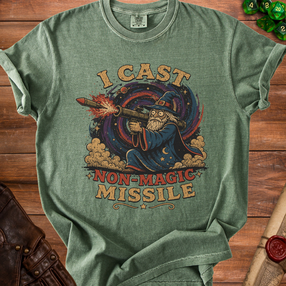Green t-shirt with wizard firing a rocket launcher and text "I Cast Non-Magic Missile".