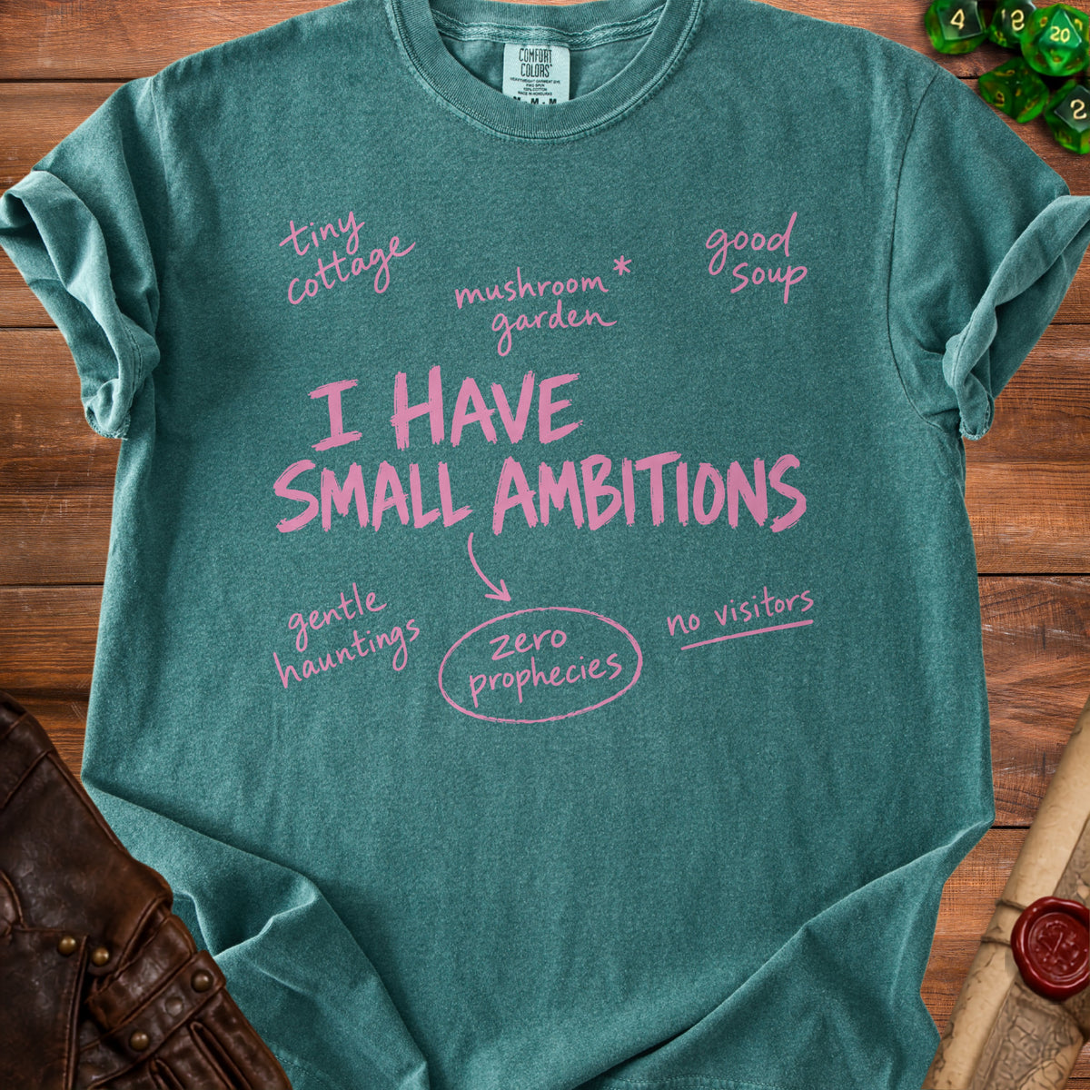Teal t-shirt with pink text "I HAVE SMALL AMBITIONS" and surrounding phrases.