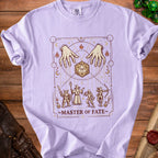 Light purple t-shirt with fantasy RPG characters and dice graphic that says "Master of Fate".