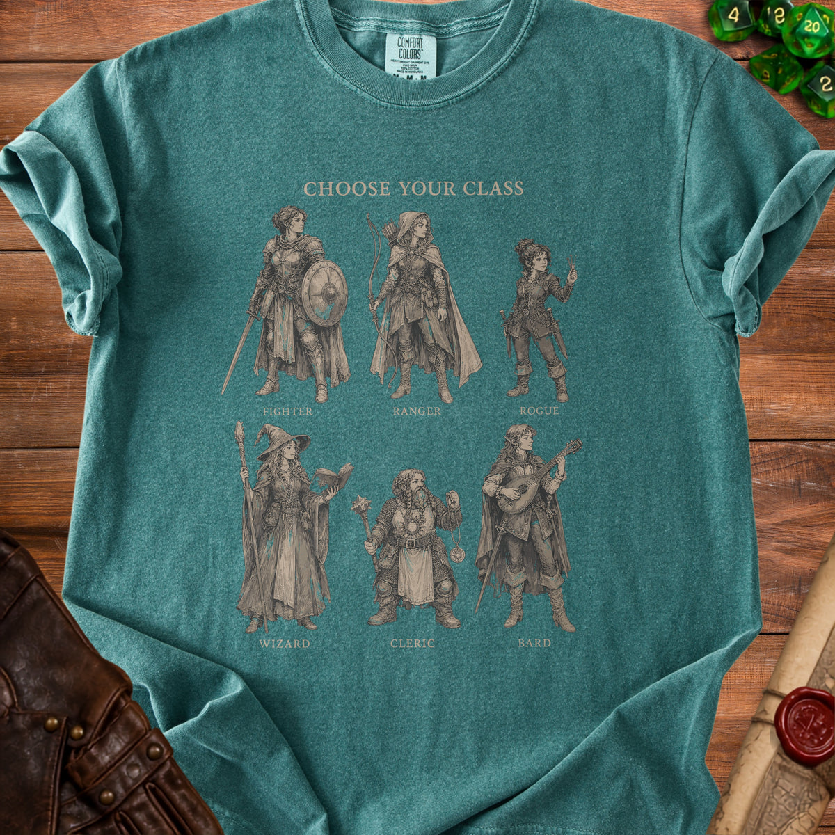 T-shirt with "Choose Your Class" and illustrations of six fantasy characters: Fighter, Ranger, Rogue, Wizard, Cleric, Bard.