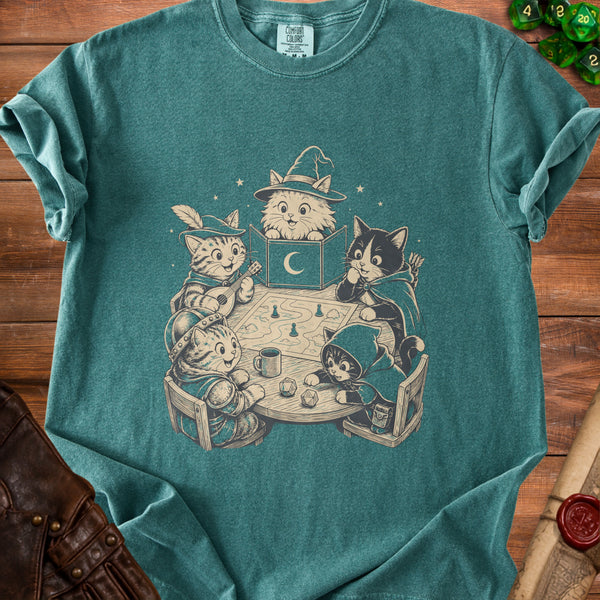 Dungeon Cats Game Night Party T-Shirt in Blue Spruce