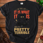 Black t-shirt with text "In this life it is what it is and it's pretty terrible."