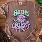 Brown t-shirt with "Side Quest Club" graphic featuring a d20 die, sword, and potion.