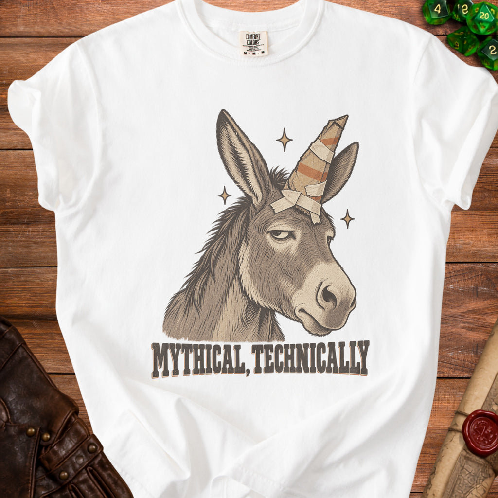 White t-shirt with a donkey wearing a bandage unicorn horn and text.