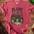 Graphic tee with black cat in wizard hat holding mug that says "No Thanks."